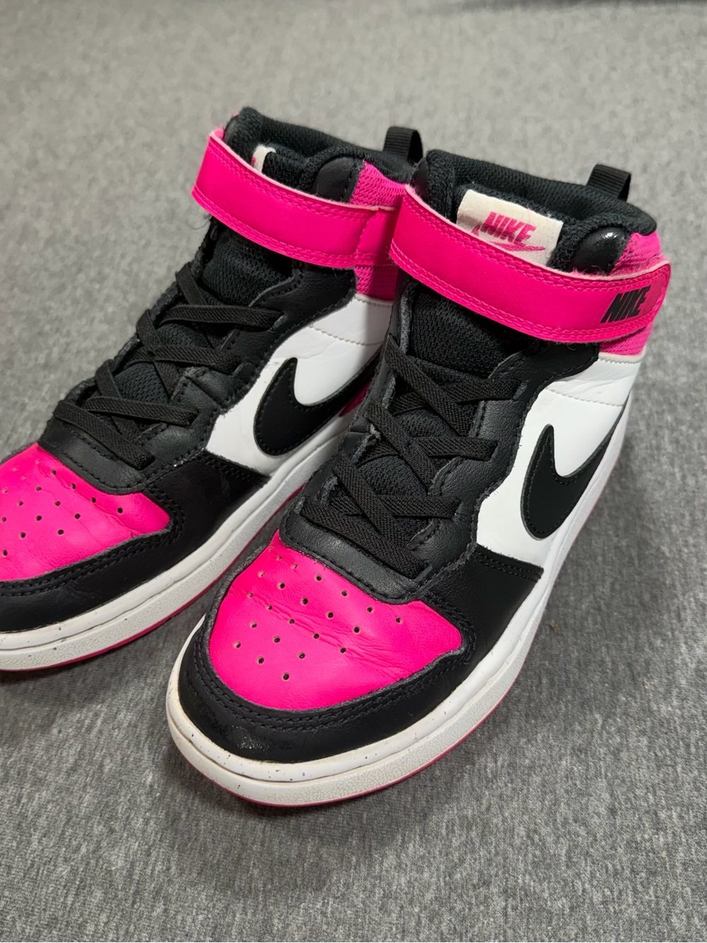 Nike Court Borough Mid Top Shoes Kids Size 1Y Pink Black White Strap HV0935-100